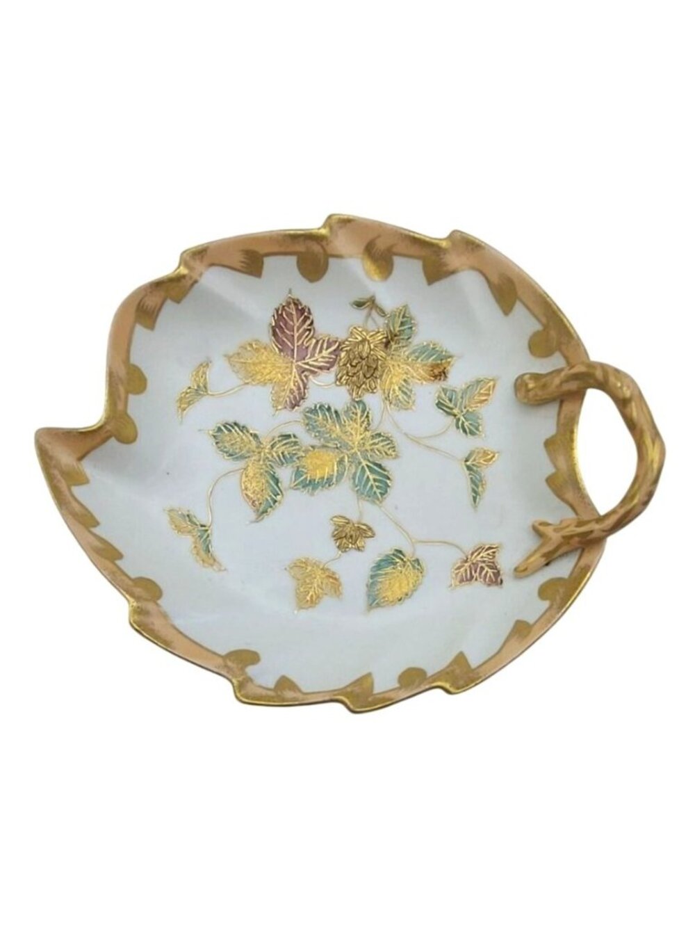 Vintage Hand Painted Moriage Porcelain Leaf Shaped Candy Dish MCM Japan G795
